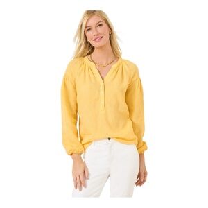 Talbots Yellow Linen Popover Blouse Lantern Sleeves Split Neck XL NWT